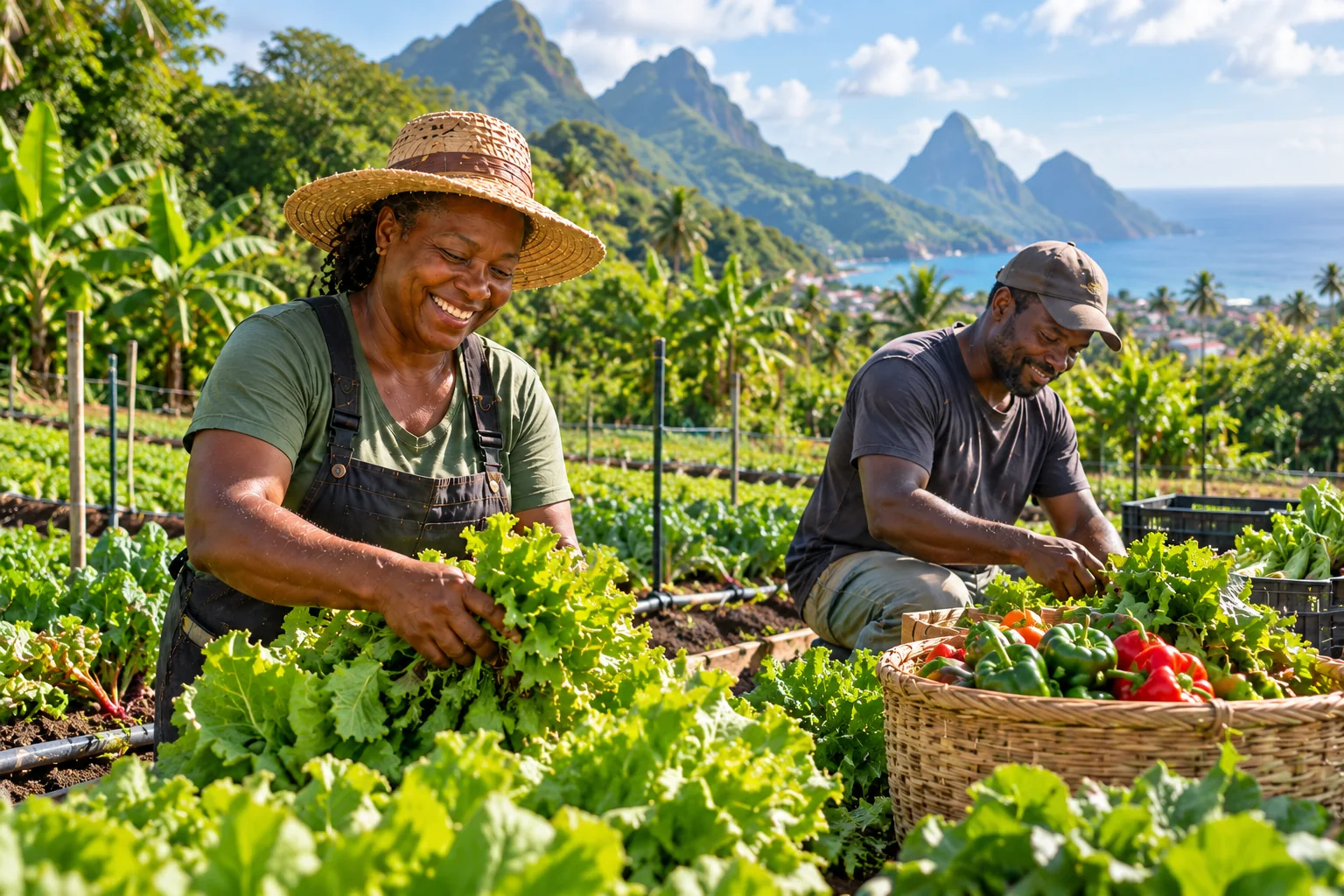 Illustrative scene of Caribbean farmers harvesting lettuce in a lush tropical farm setting